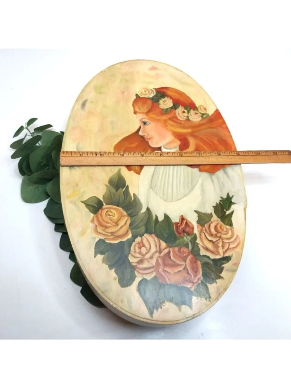 Hand-Painted Wooden Oval Storage Box Folk Art Victorian Lady Roses 1993